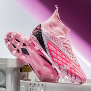 High-Top Soccer Cleats in Pink & Gray - AG Bottom, Spider Web Design for Enhanced Grip