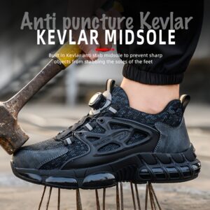 [Durable Build] Men's Durable Anti-Puncture Work Sneakers - Black & Gray, Elastic Lace-Up, Breathable Fabric, All-Season Safety Shoes with Secure Buckle Closure for Hiking & Outdoor Activities, Hiking Boots