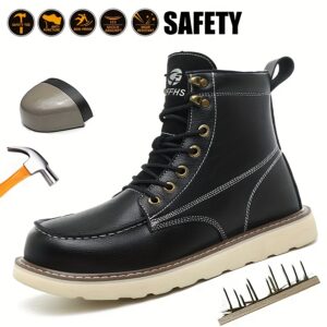 Men's High-Top Work Boots - Two-Layer Cowhide Leather Anti-Puncture & Anti-Smash Safety Shoes with Toe,