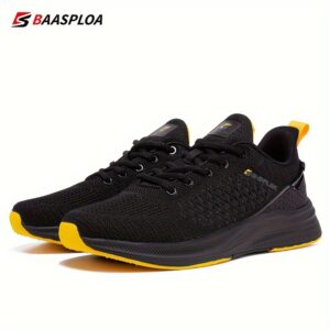 BAASPLOA Men's Running Shoes Black and Yellow Breathable Mesh