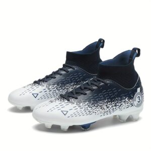 Unisex High-Top Soccer Cleats with Long Studs Navy Blue & White Striped Design